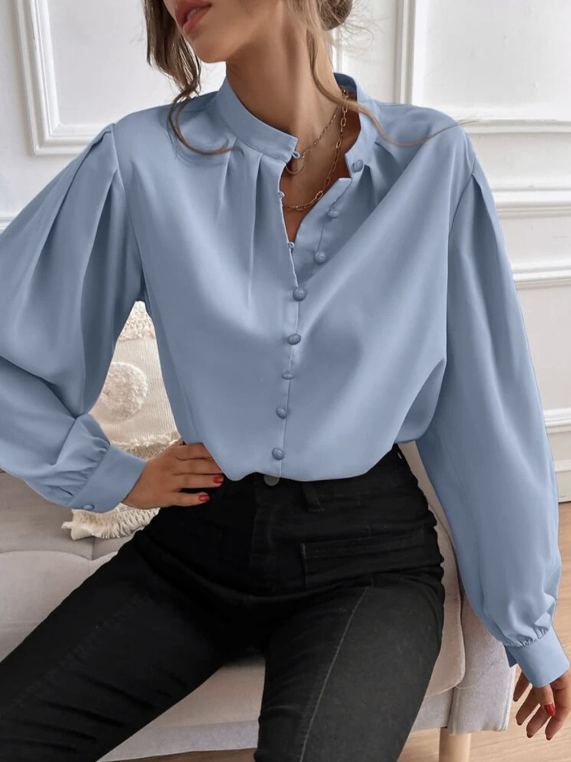 Mock Neck Button Front Shirt