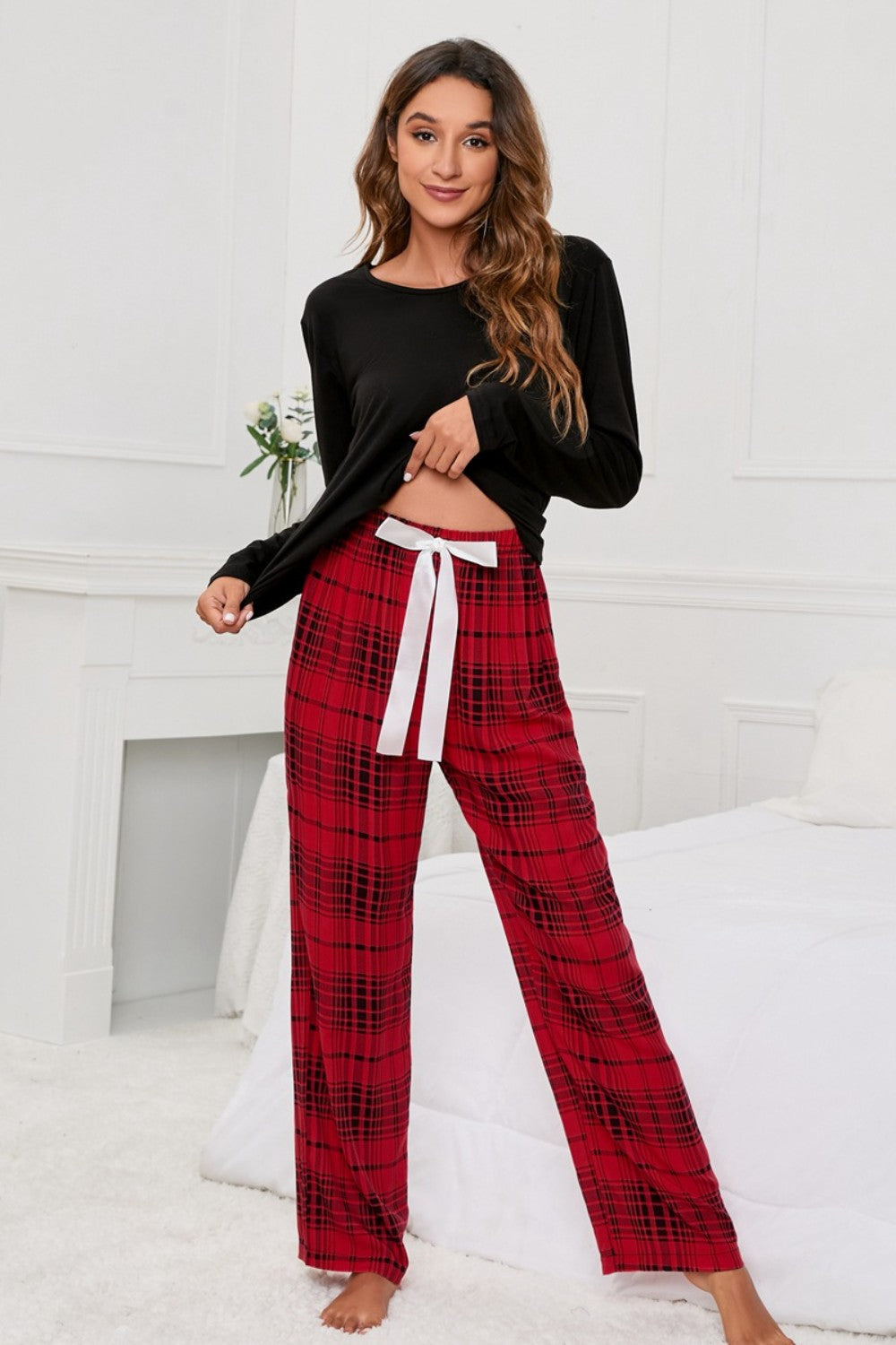 Round Neck Long Sleeve Top and Bow Plaid Pants Lounge Set