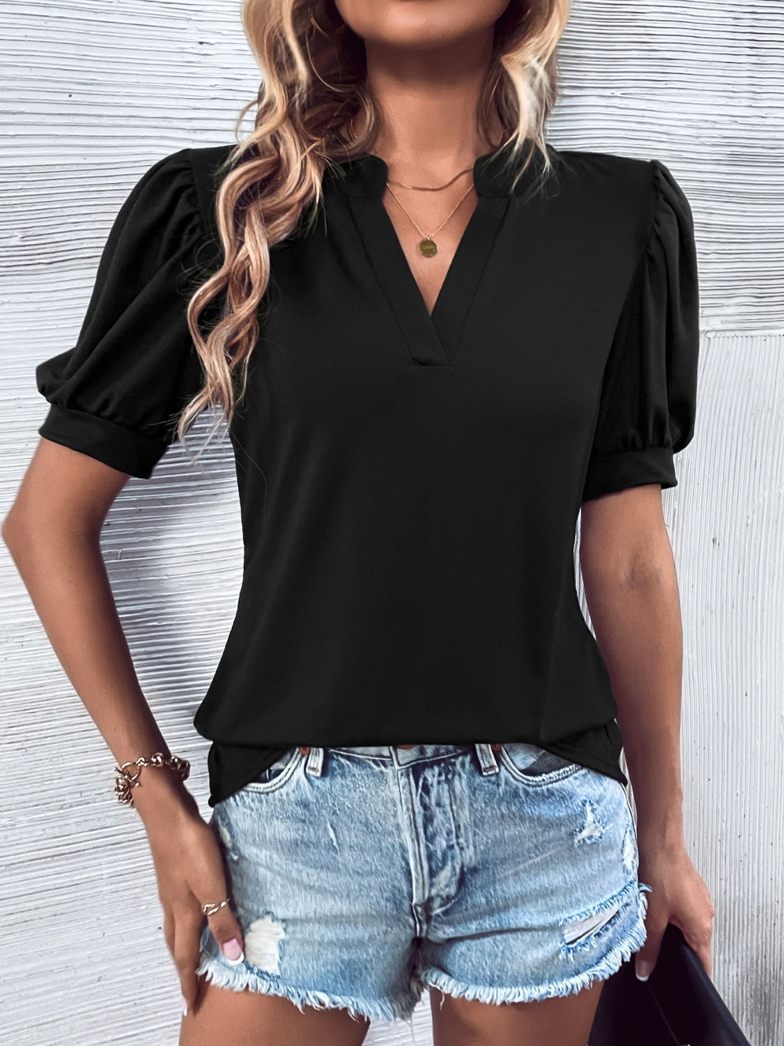 Notched Puff Sleeve Blouse