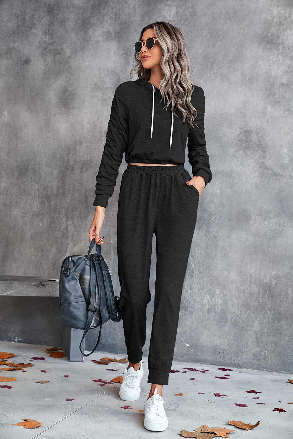 Ruched Raglan Sleeve Hoodie and Joggers Set