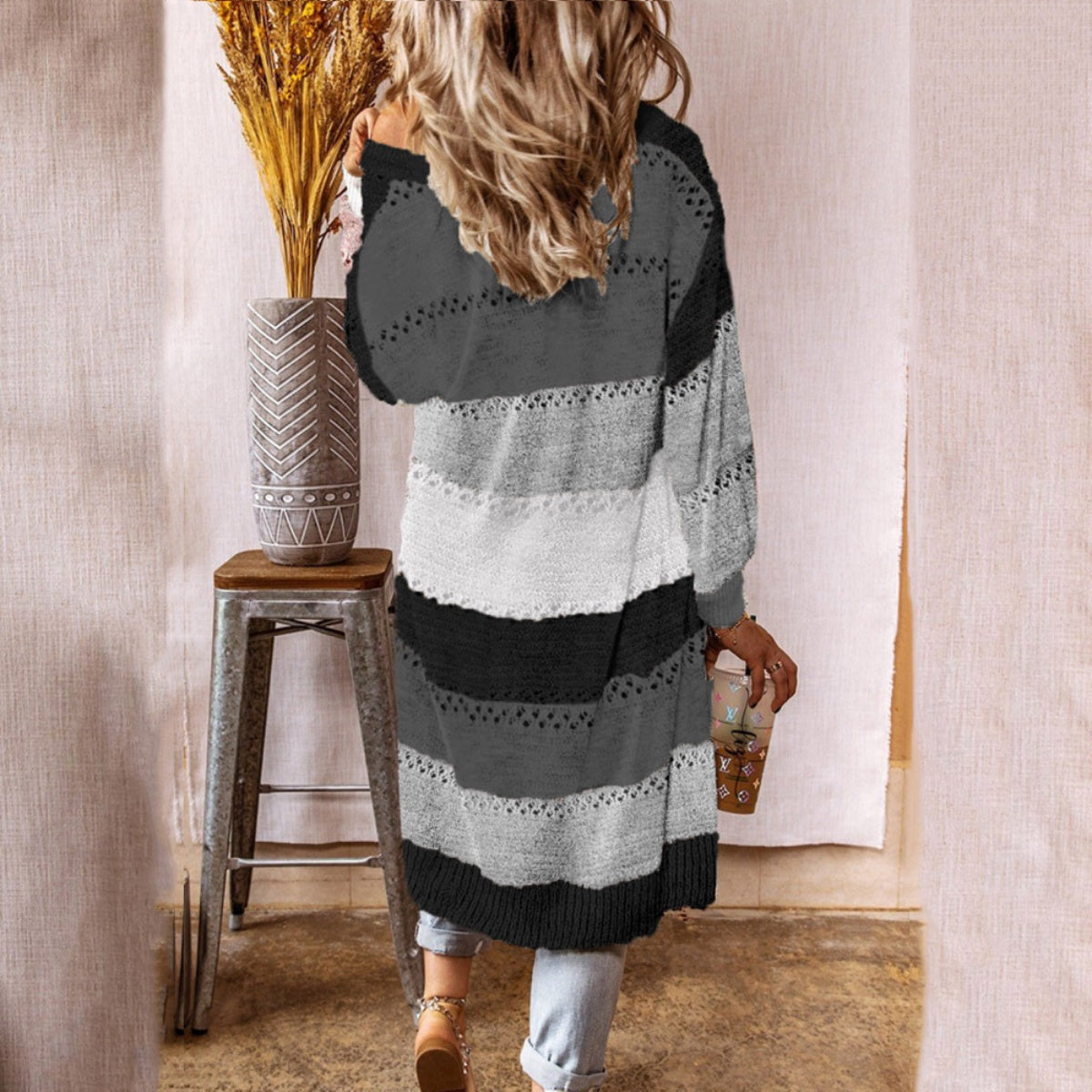 Color Block Open Front Openwork Cardigan