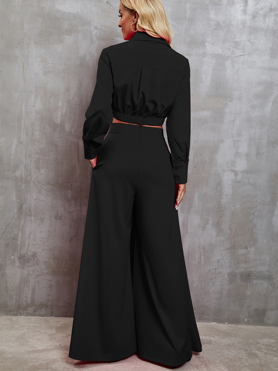 Collared Neck Long Sleeve Top and Wide Leg Pants Set