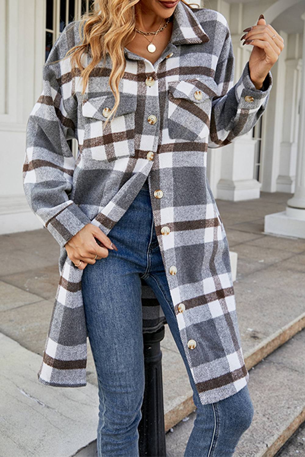 Plaid Button Up Collared Neck Coat with Pockets