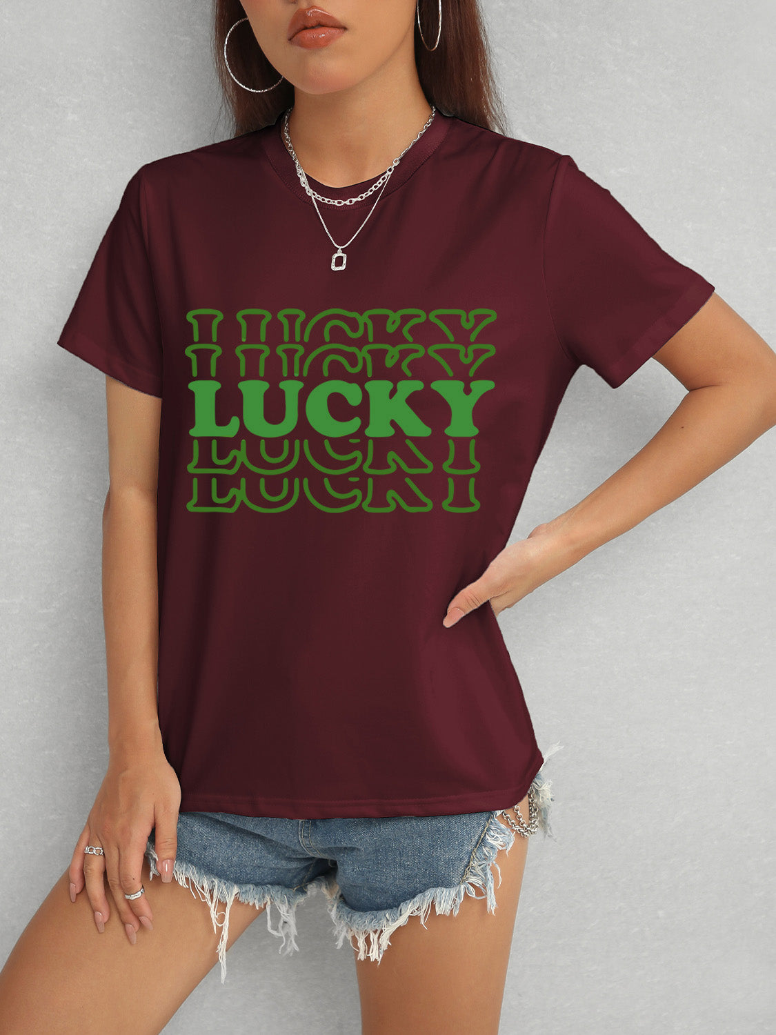 LUCKY Round Neck Short Sleeve T-Shirt