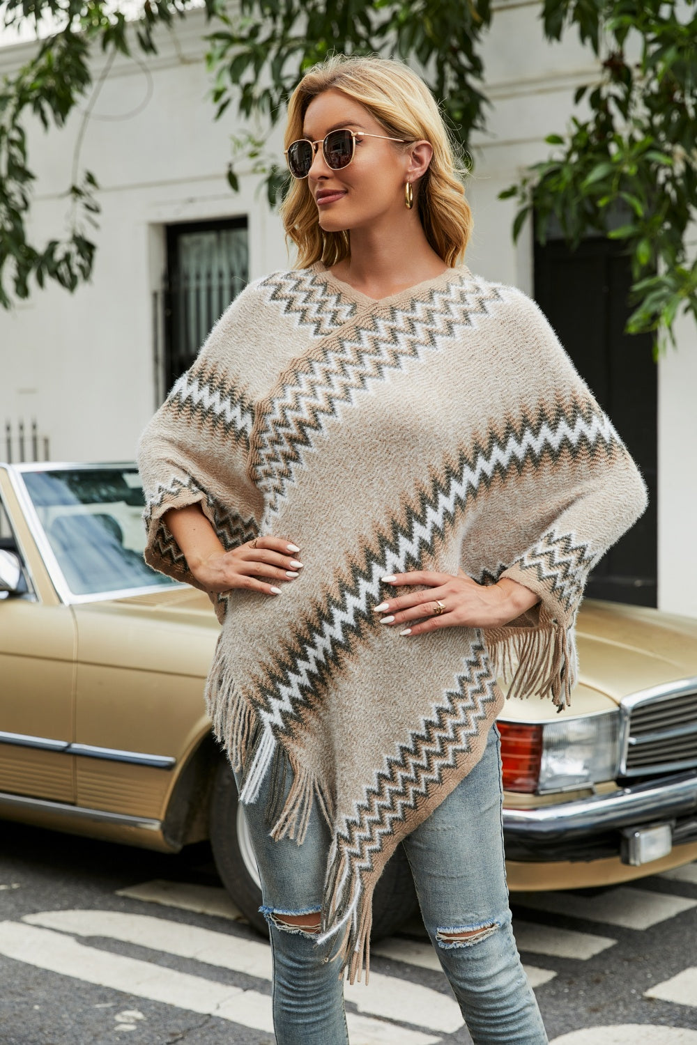 Fringe Hem Striped Cape Sleeve Poncho