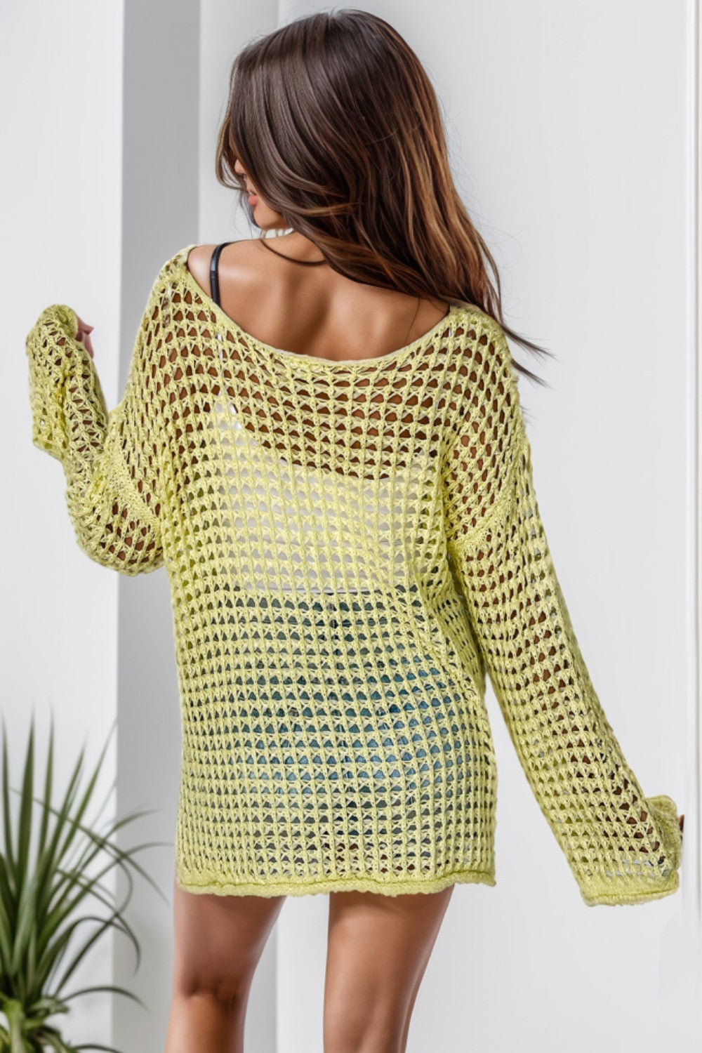 Openwork Round Neck Dropped Shoulder Knit Top