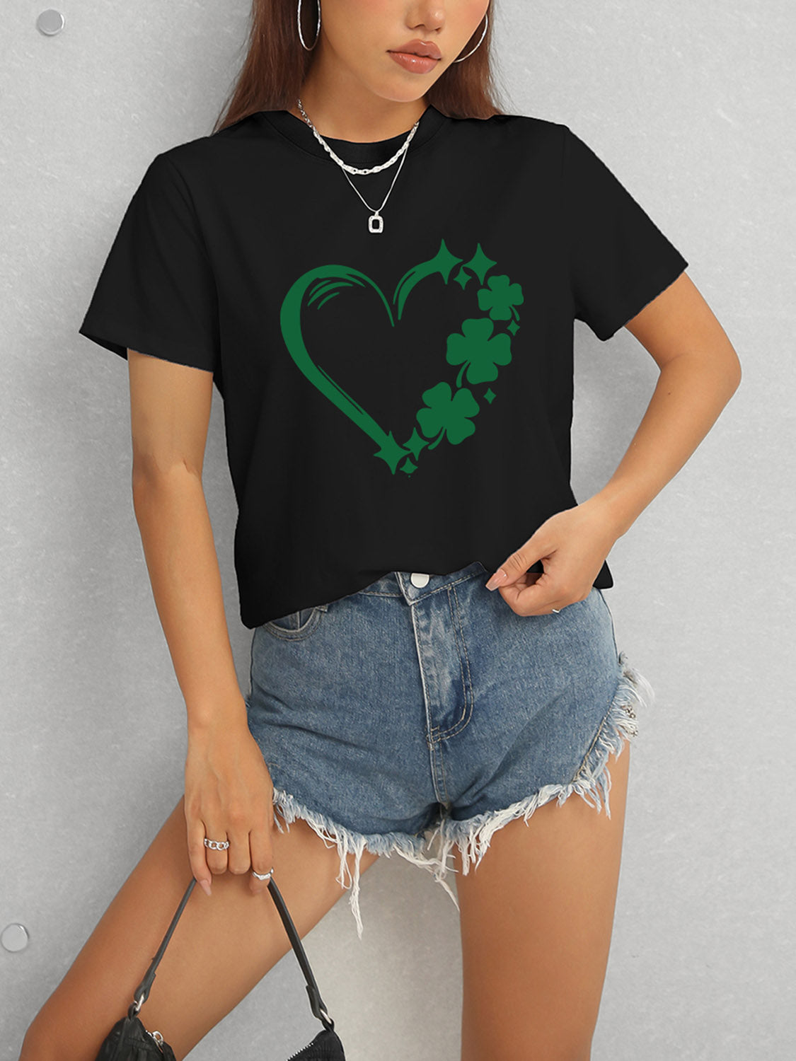 Heart Lucky Clover Round Neck Short Sleeve T-Shirt