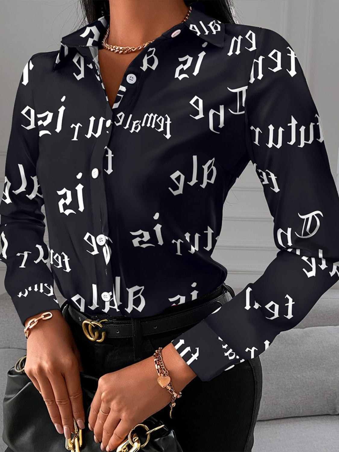 Printed Collared Neck Long Sleeve Shirt