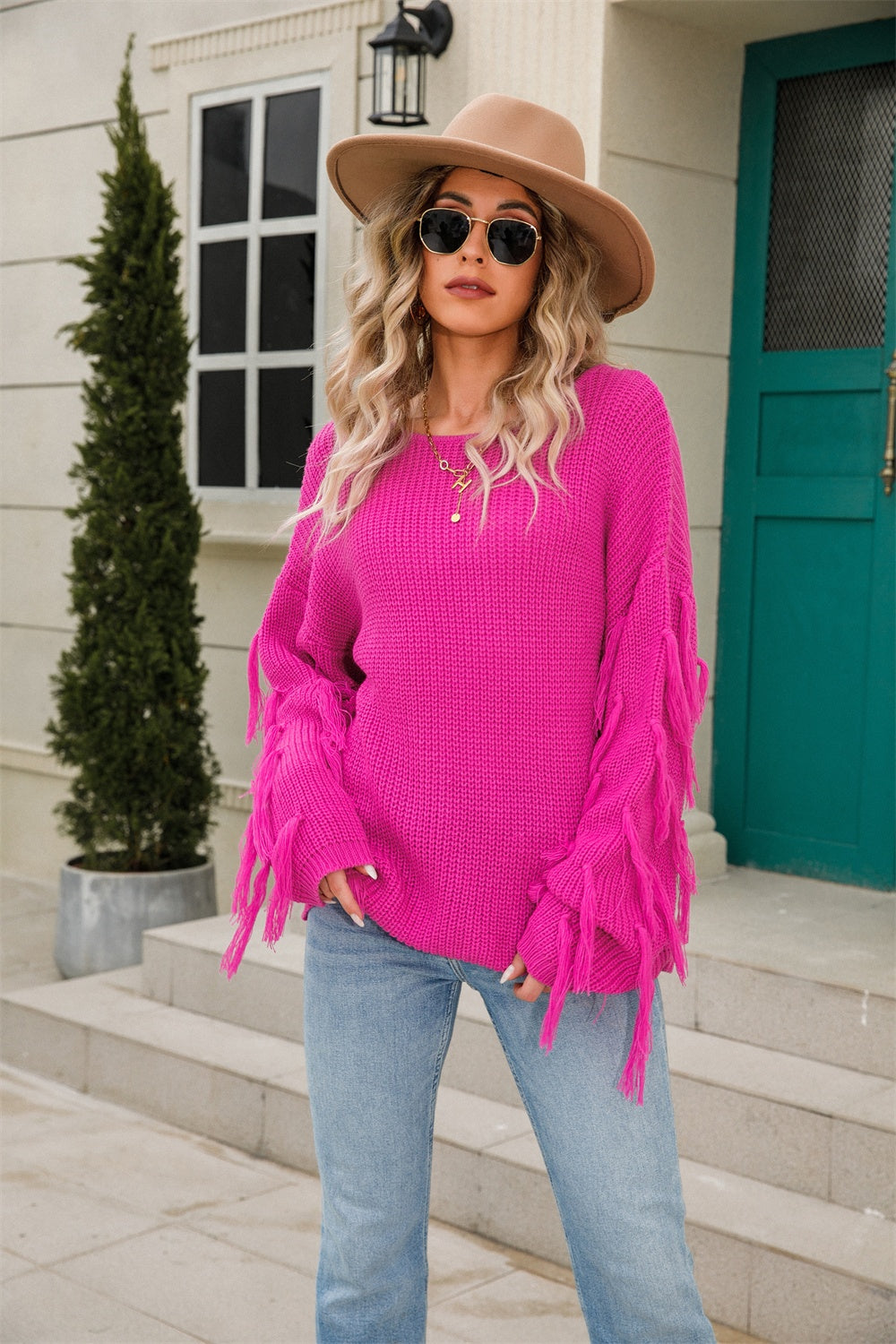 Fringe Round Neck Dropped Shoulder Sweater