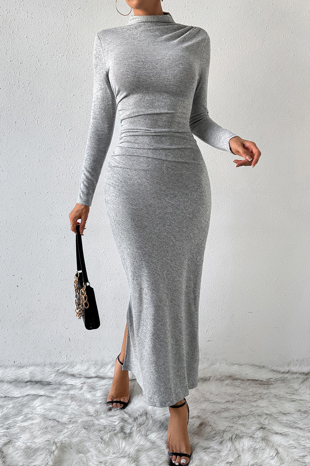 Heathered Slit Mock Neck Wrap Dress