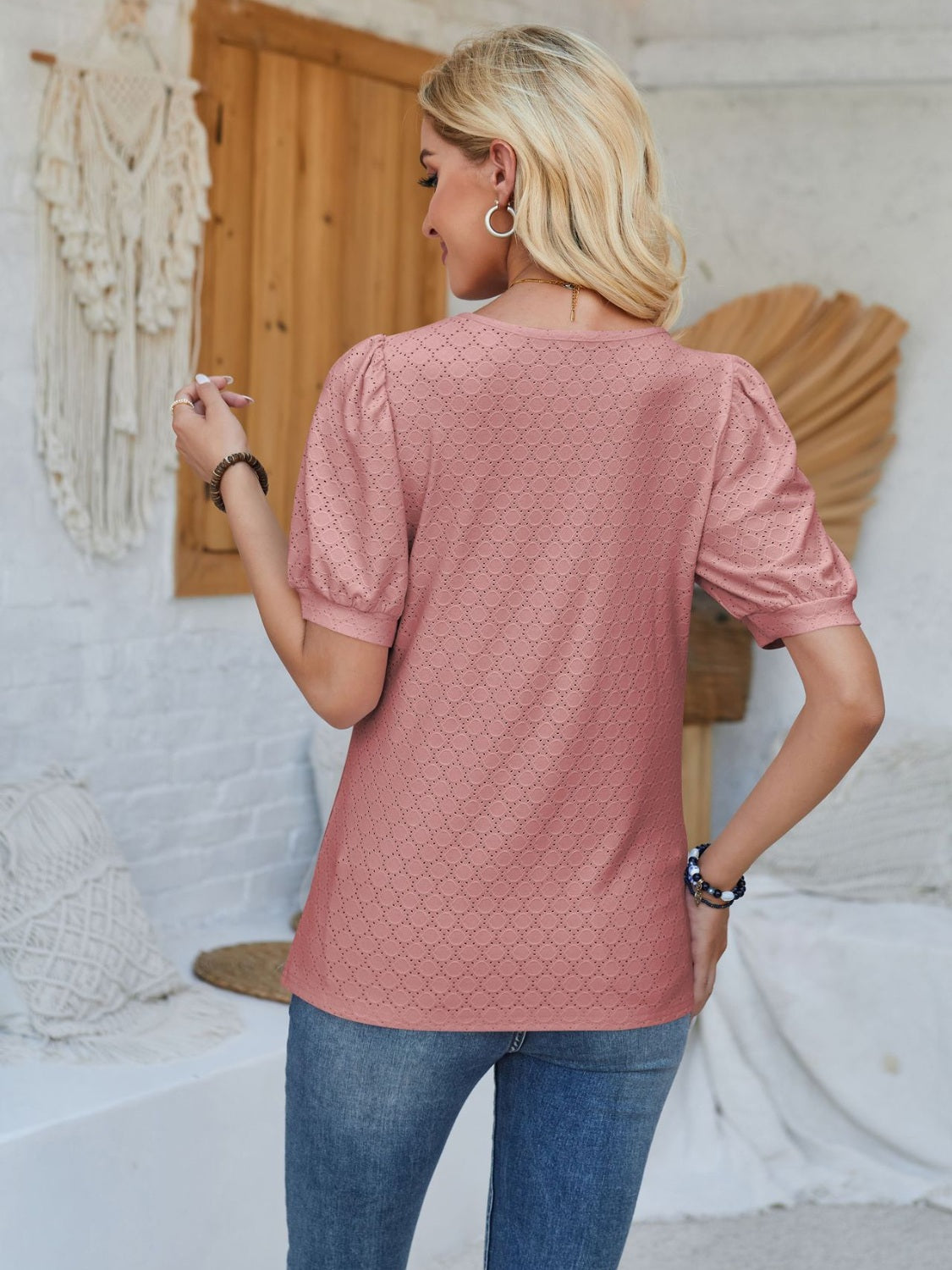 Eyelet Asymmetrical Neck Short Sleeve T-Shirt