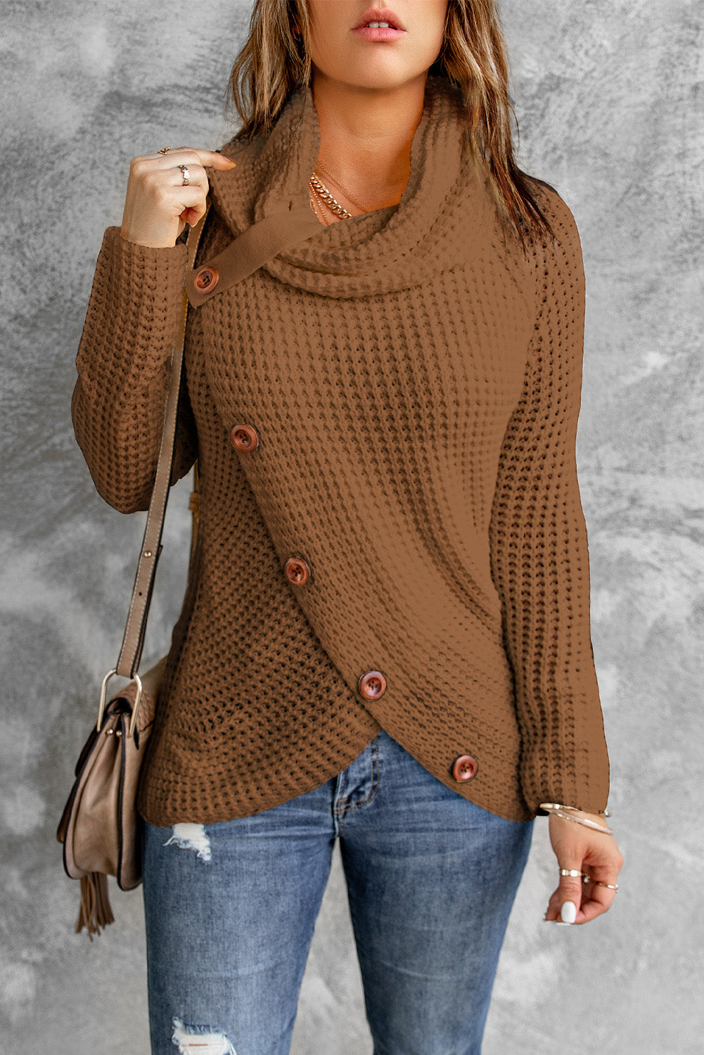 Decorative Button Mock Neck Sweater