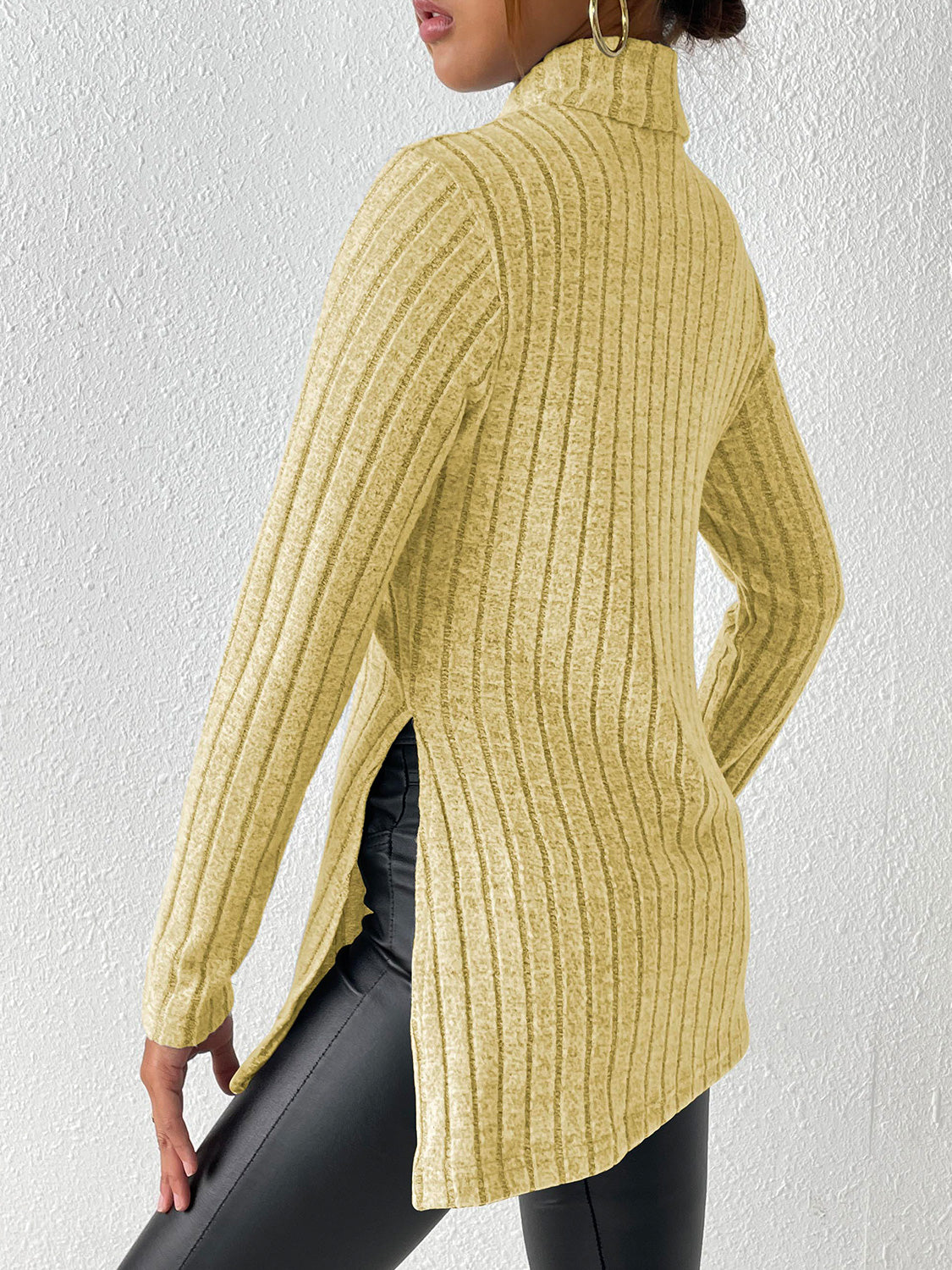 Ribbed Turtleneck Long Sleeve Slit T-Shirt