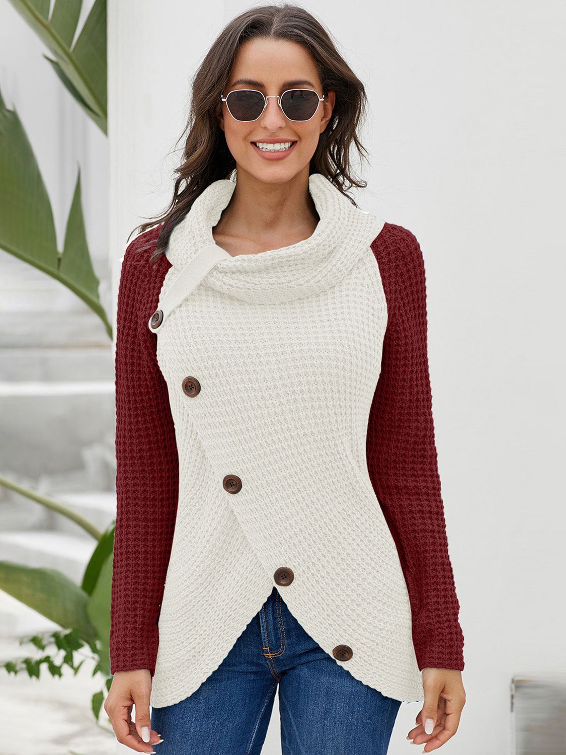 Contrast Decorative Button Turtleneck Sweater